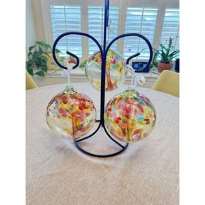 Hand Blown 5.75" Set of 3 Glass Ribbon Orbs w/ Stand - Witch Tree of Life Style